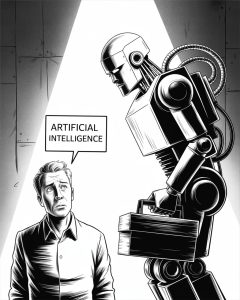 AI Beginners Demystified Book Summary. Skepticism is depicted by a man confused by artificial intelligence