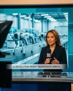 New anchor talking about AI, but really talking about robotics.